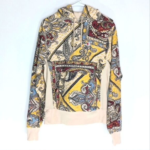 CHAMPION Reverse Weave Paisley Hoodie Sweater Men's Size Small Beige Yellow - Picture 3 of 12